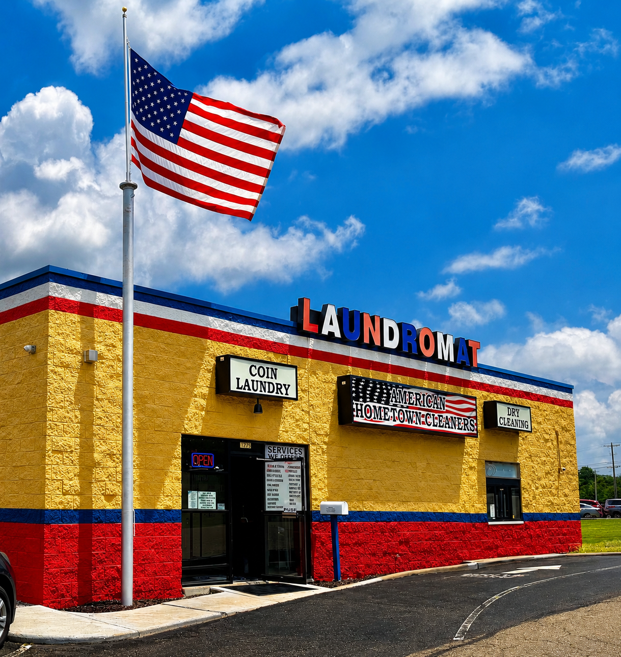 Exterior of American Hometown Cleaners in Cambridge, Ohio with its American flag and storefront signs
