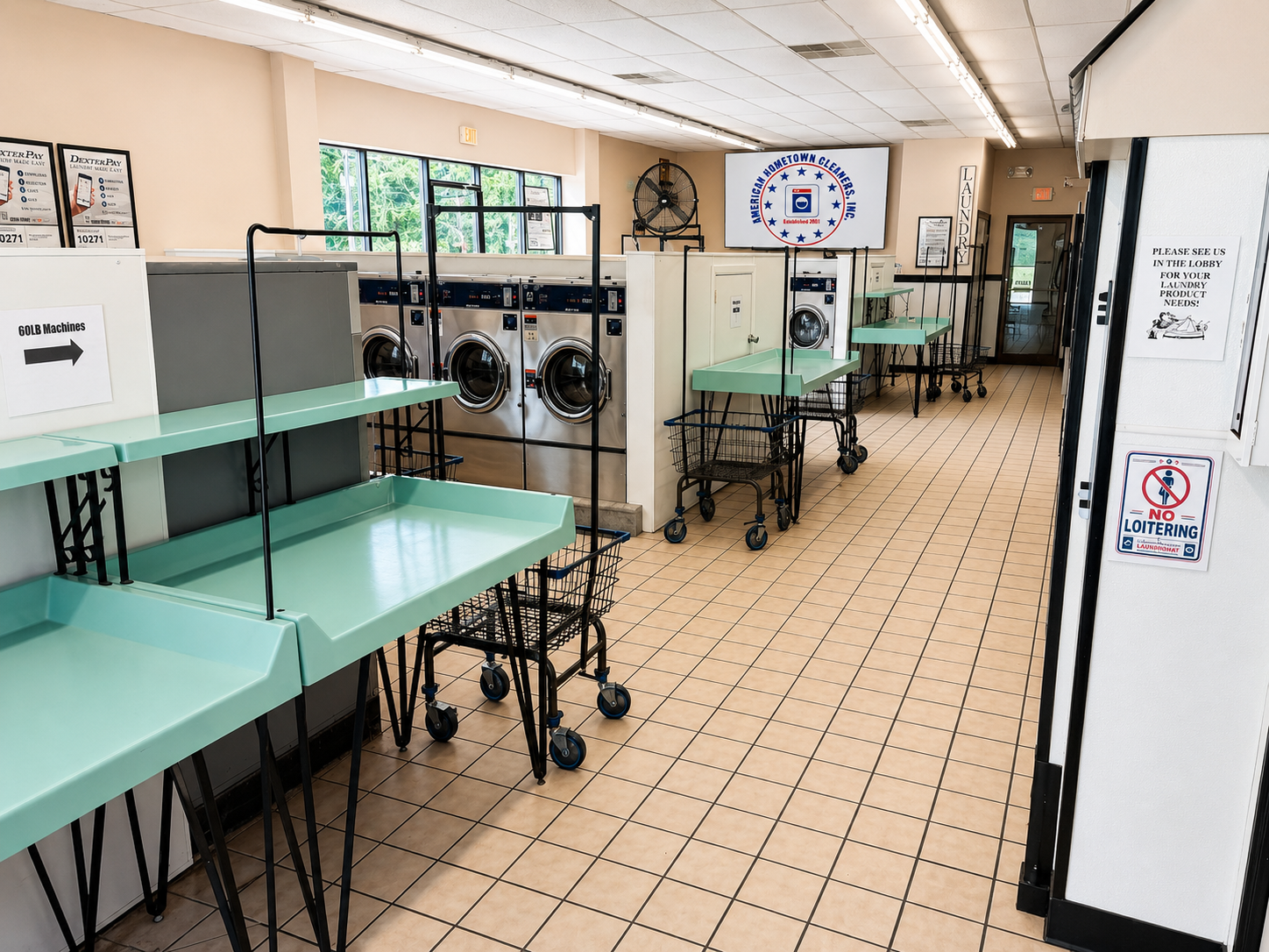 Inside American Hometown Cleaners with folding tables, laundry carts, and commercial washers