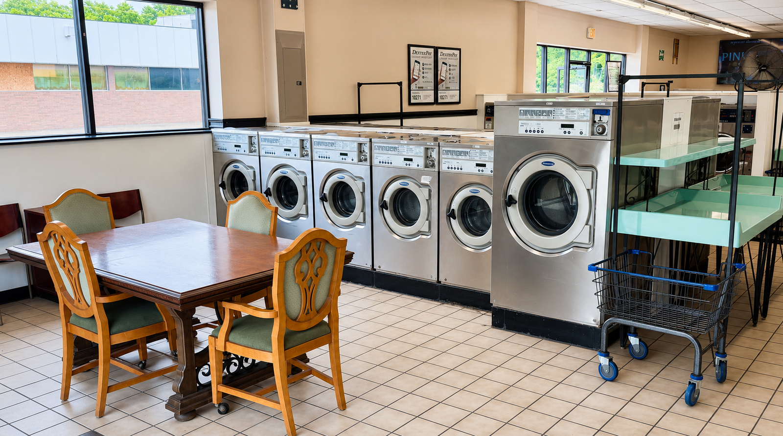 Customer seating, folding tables, laundry carts, and front-loading washers inside the laundromat